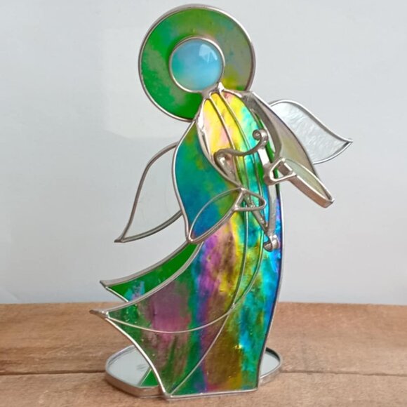 Vintage Stained Glass Green Angel + Harp Figurine, 3D Art, Christmas Nativity De - Picture 9 of 9
